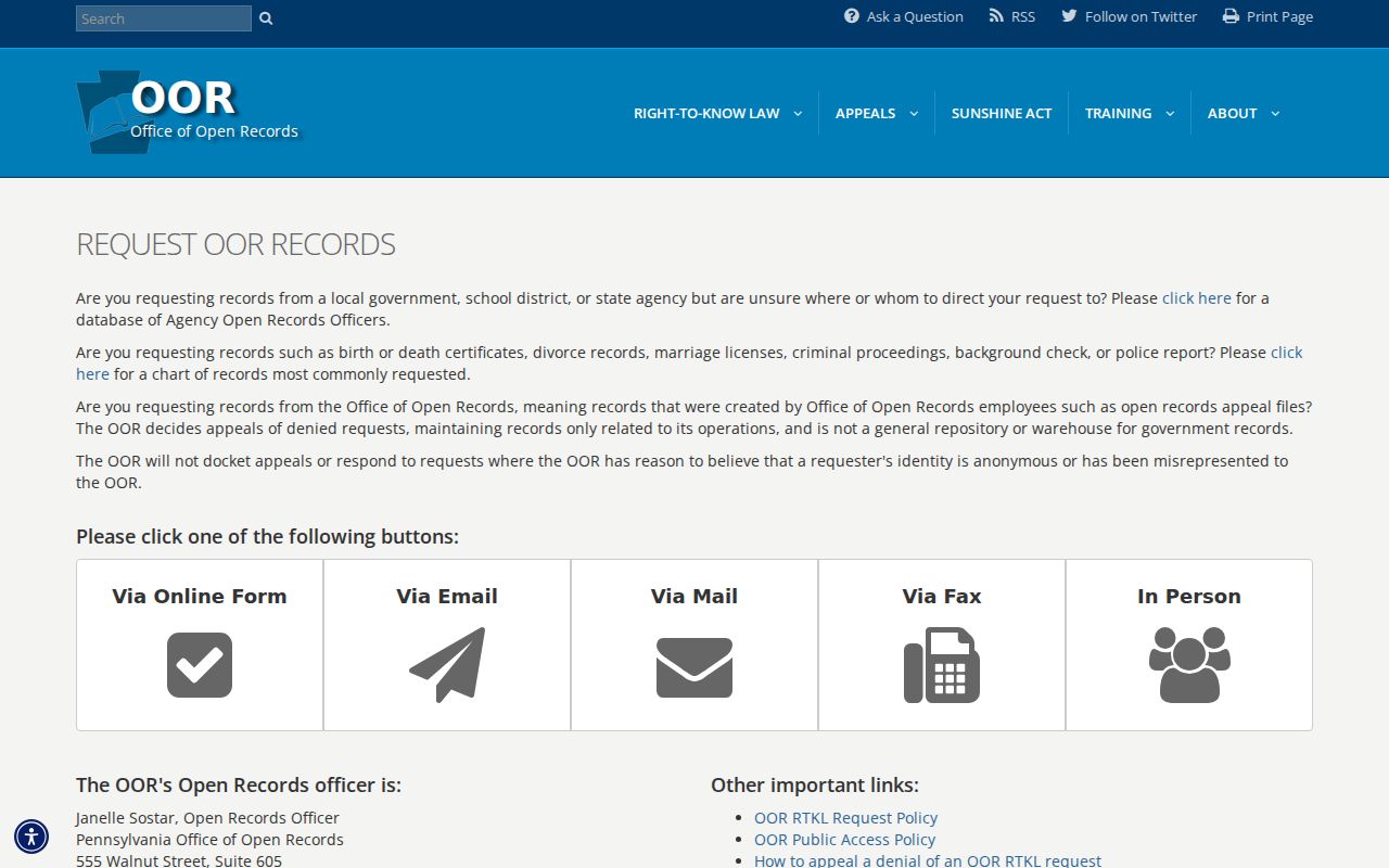 Williamsport residents directory Pennsylvania Right-to-Know request form