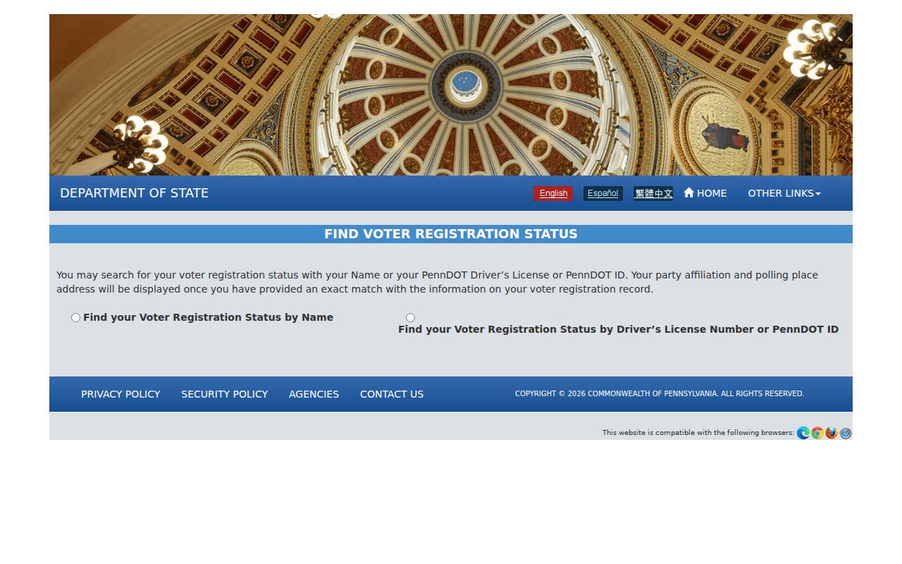 Williamsport resident lookup on the Pennsylvania official voter registration status service