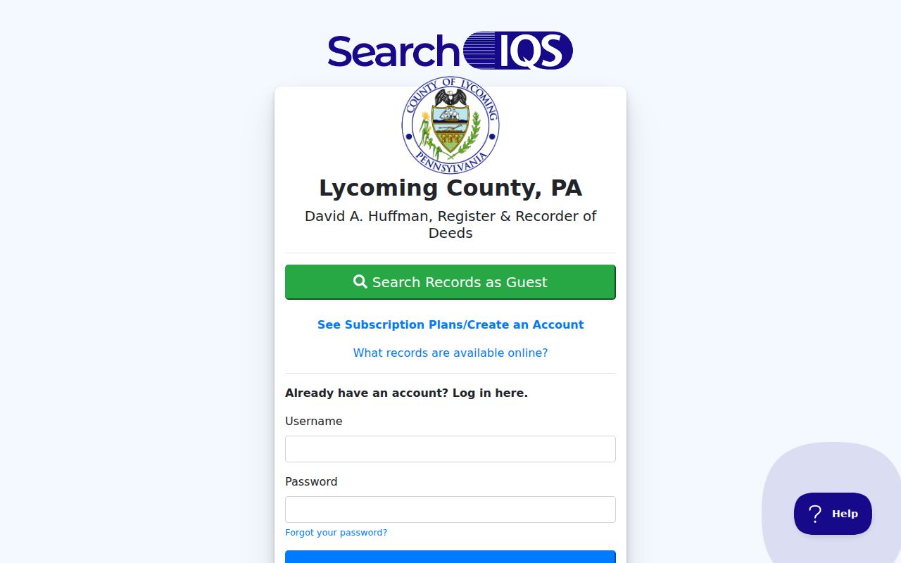 Williamsport street-directory SearchIQS entrance for current Lycoming County land records