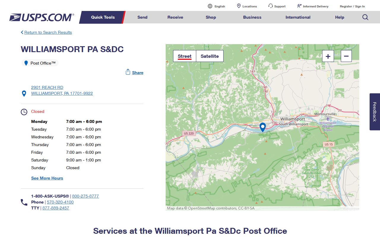 Williamsport ZIP code directory USPS postal location reference